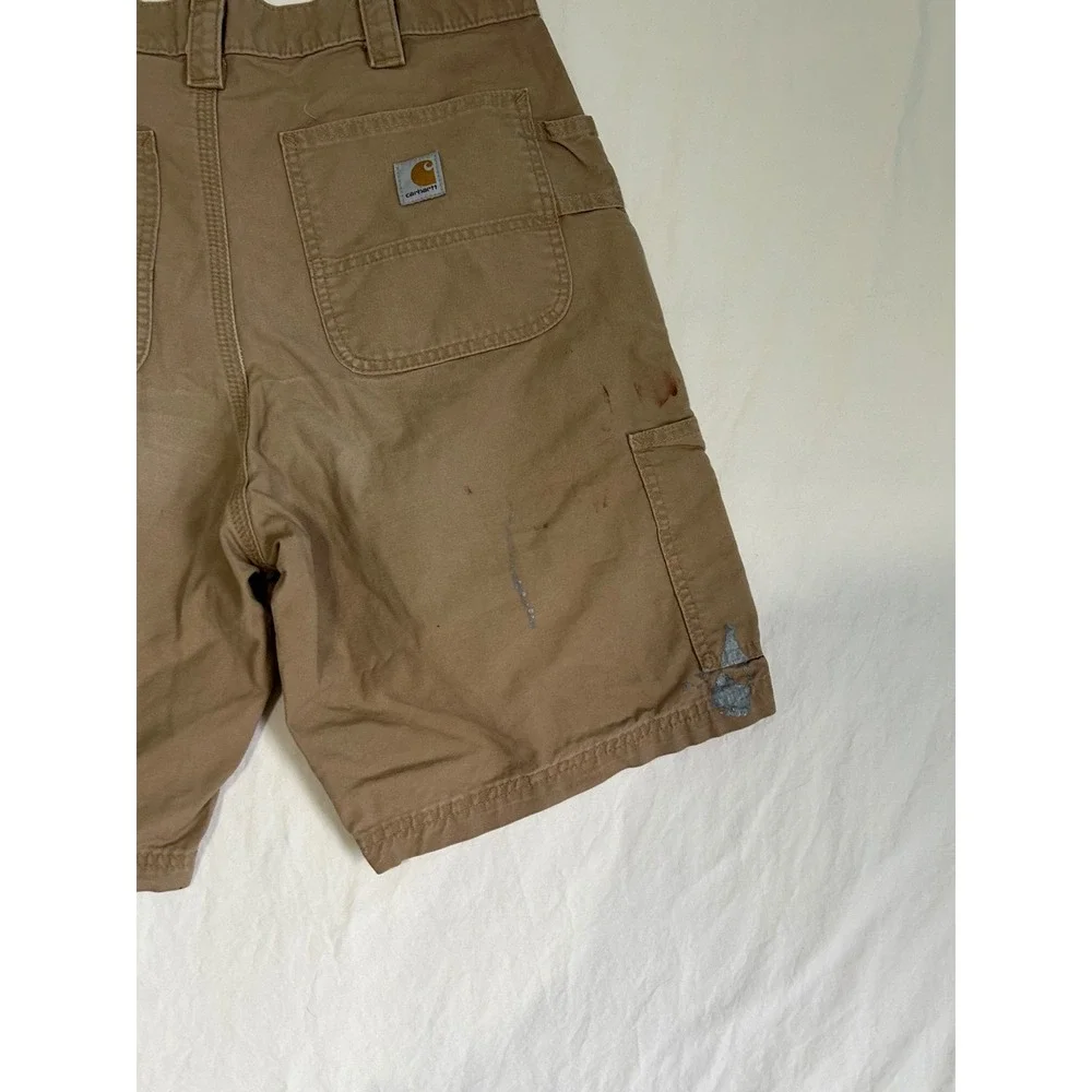 Carhartt Mens Canvas Carpenter Shorts Tan Distressed Paint Splatter Size 34